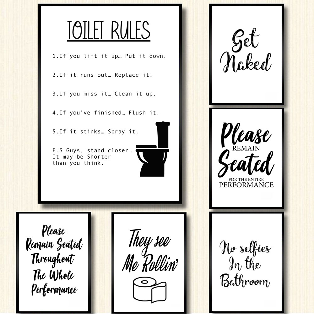 Wall Art Canvas Painting Funny - Home Bathroom Rules 评论和价格