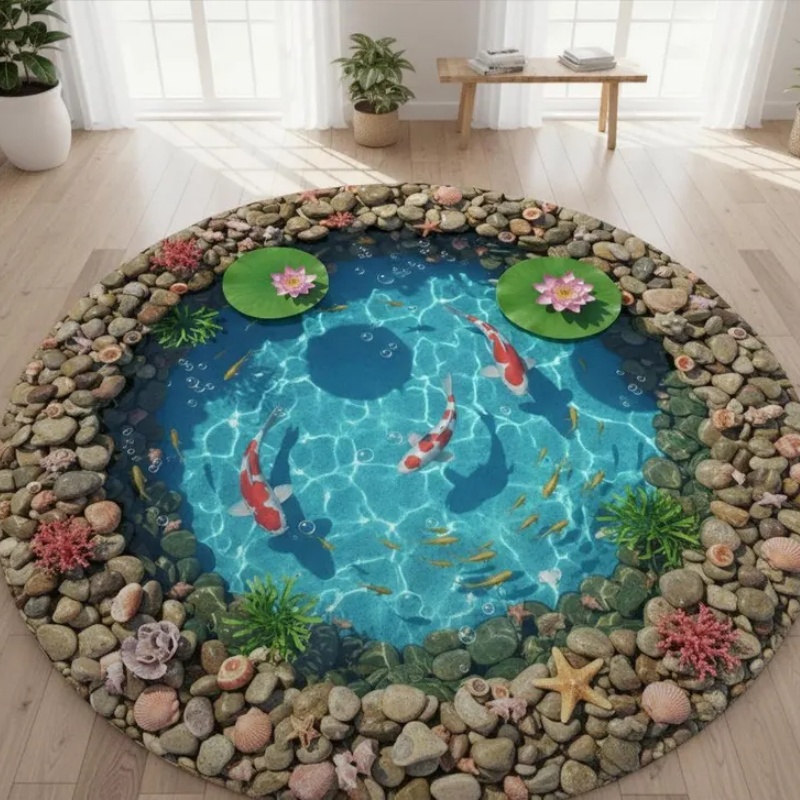 2D Visual Koi Fish Pond Round  - Home Goods Bathroom Rugs 评论和价格