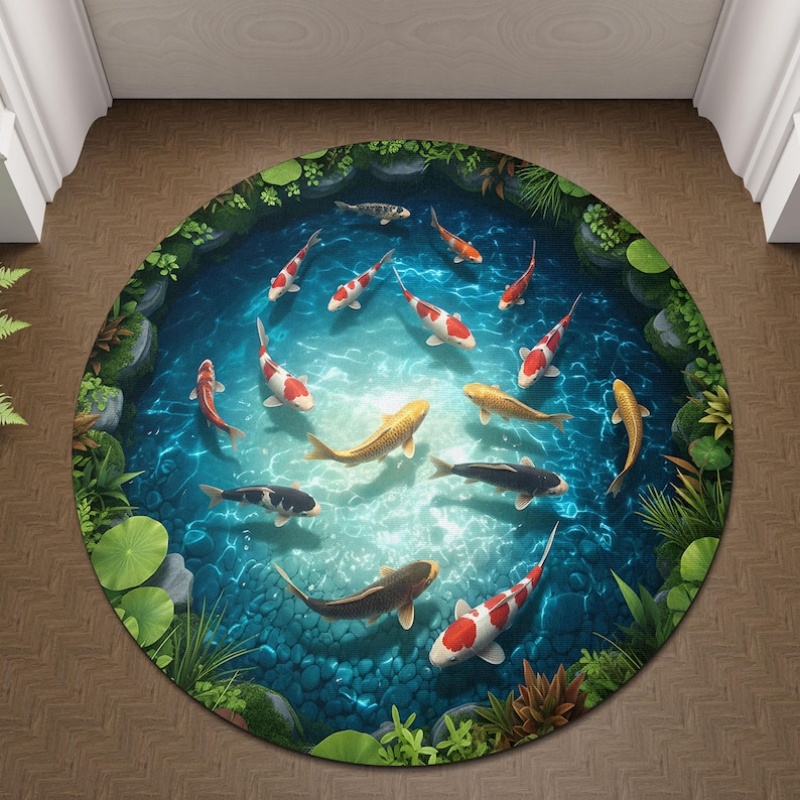 2D Visual Koi Fish Pond Round  - Home Goods Bathroom Rugs 评论和价格