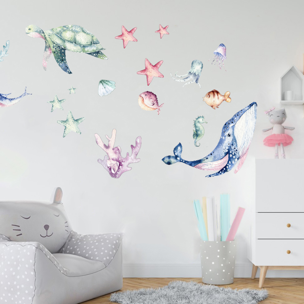 Watercolor Sea Life Ocean Wall - Home Bathroom Floor Tiles 评论和价格