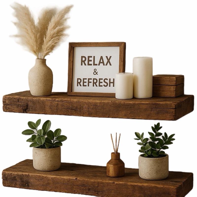 2Pcs Rustic Wood Floating Shel - Home Bathroom Organizer 评论和价格