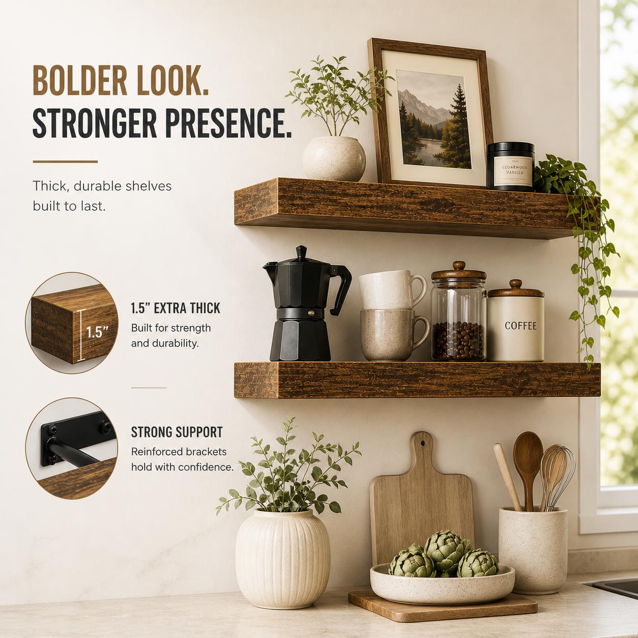 2Pcs Rustic Wood Floating Shel - Home Bathroom Organizer 评论和价格
