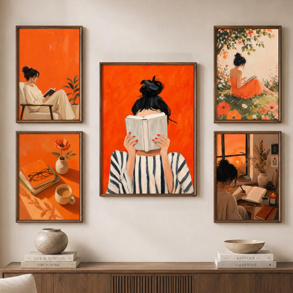 Orange Cozy Women Reading Coff - Home Bathroom Scene 评论和价格
